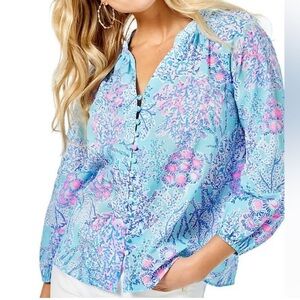 Lilly Pulitzer Blue Pink Floral Long Sleeve Blouse